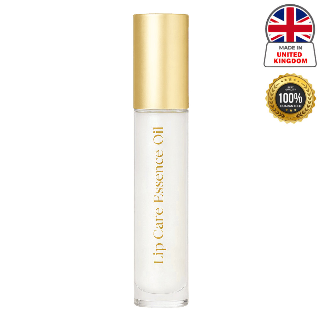 Elite Lip Care Essence Oil in a clear bottle with gold cap, keeps lips moisturized and soft.