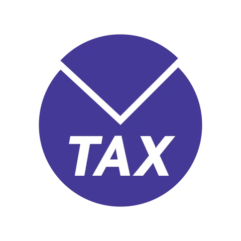 Logo featuring the word TAX in bold white text on a purple circular background.