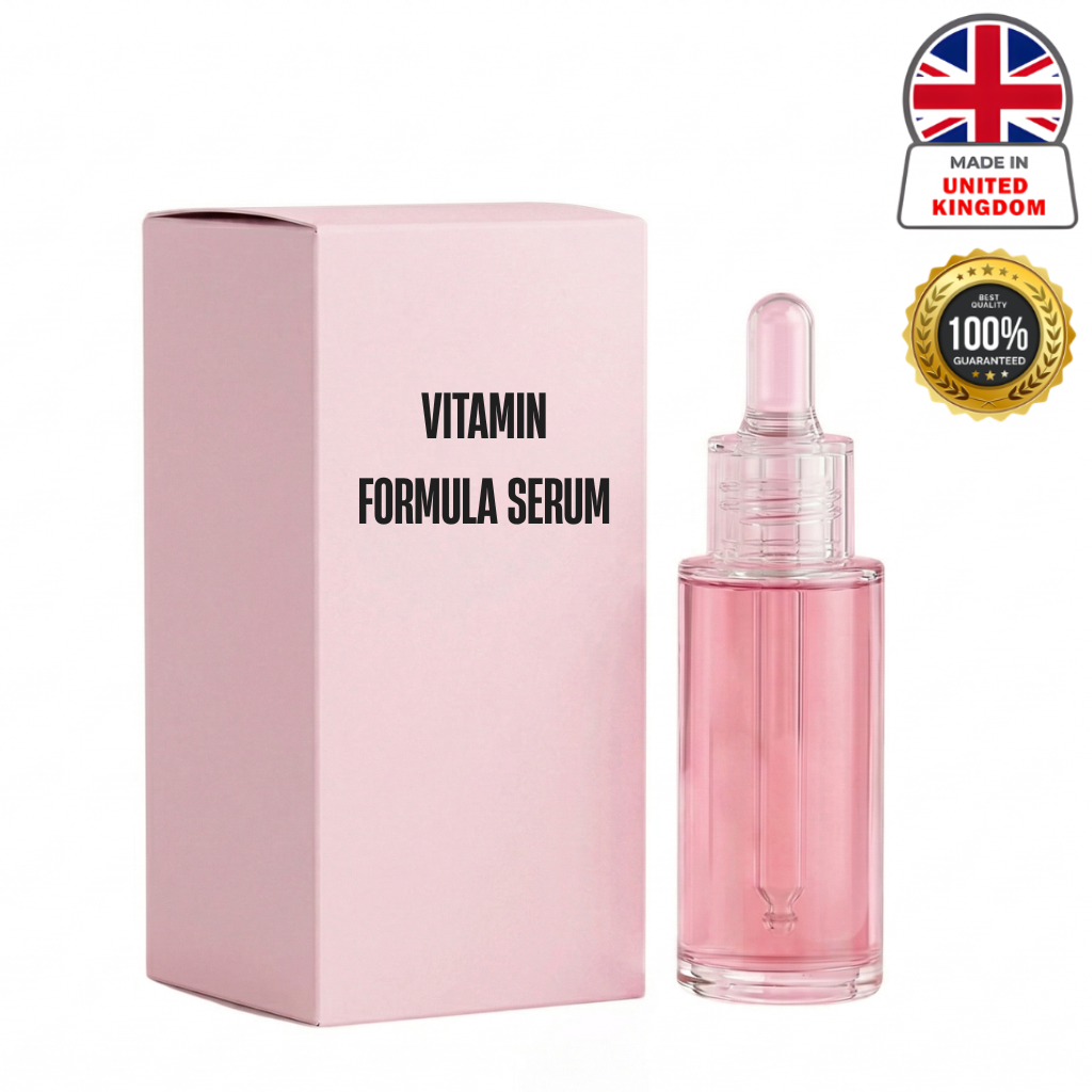 Vitamin Formula Serum in a pink box with dropper, promotes smooth and radiant skin, made in the United Kingdom.