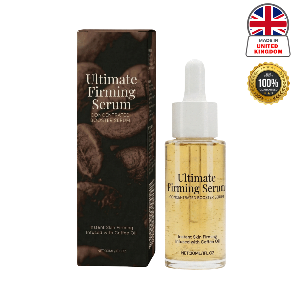 Ultimate Firming Serum bottle and box featuring concentrated booster formula infused with coffee oil.