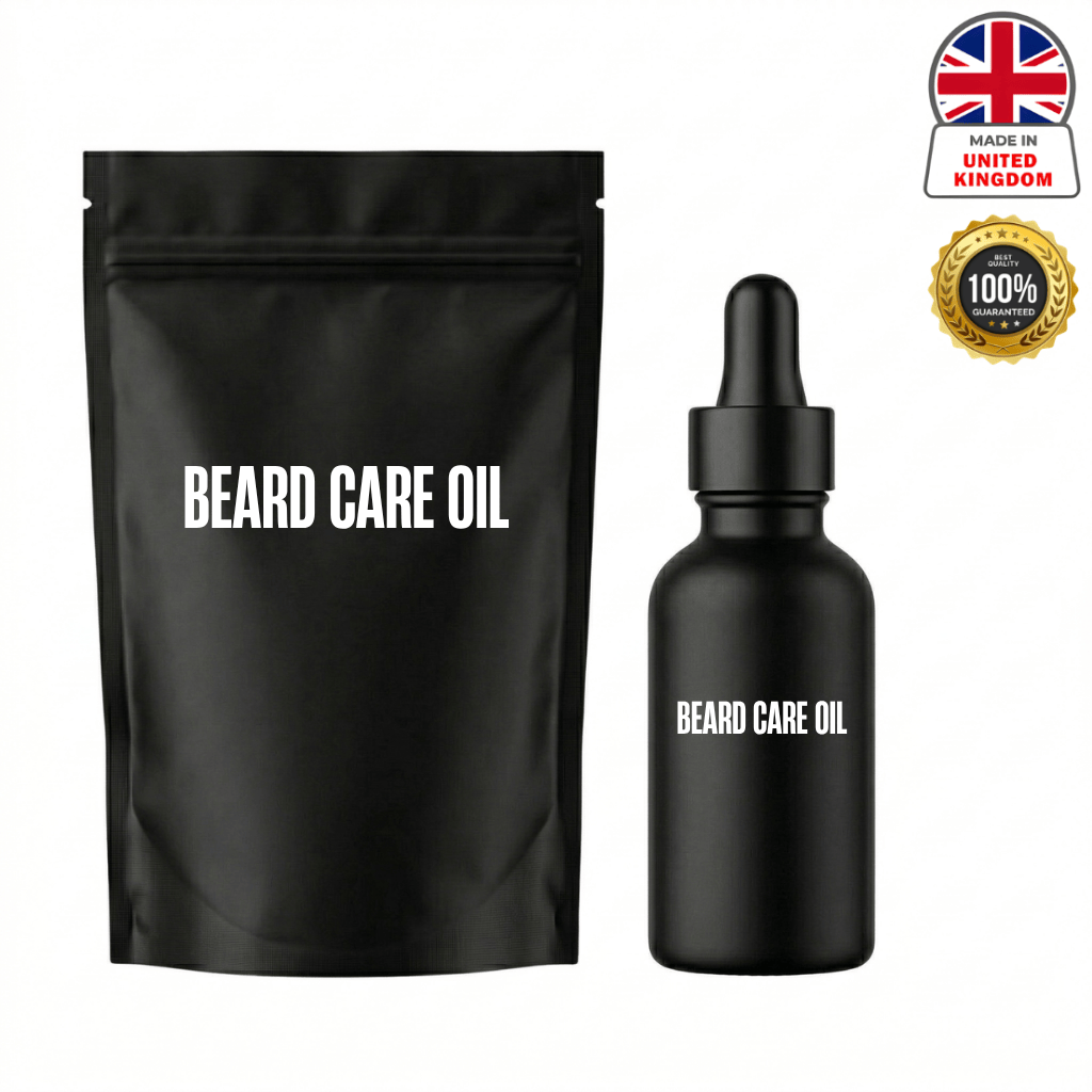 Beard Care Oil packaging, including a bottle and pouch, designed to groom and care for beards.