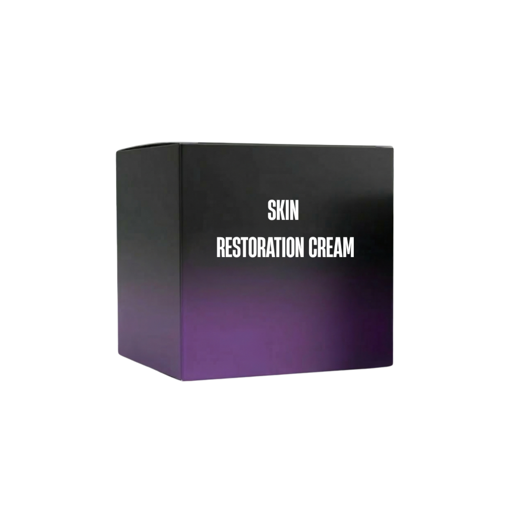 Skin Restoration Cream packaging in a sleek black and purple box design.