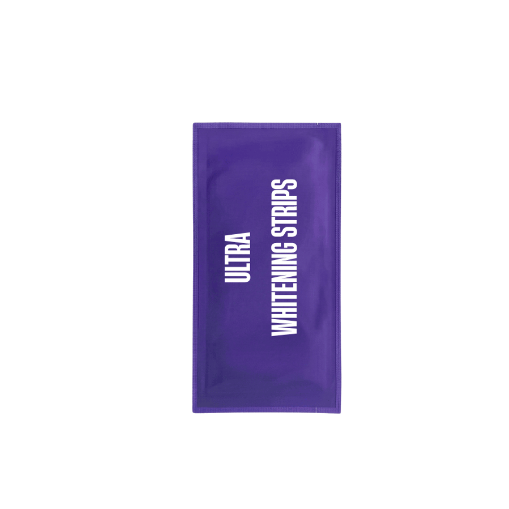 Ultra Whitening Strips packaging in purple, showcasing a beauty-focused oral care solution for a brighter smile.