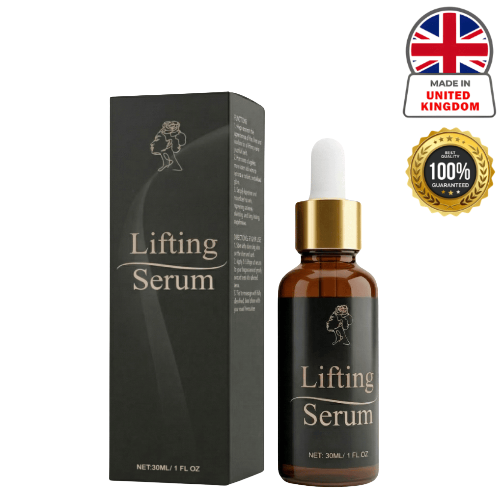 Lifting Oil bottle and box with label, promoting skin lifting and firming benefits, made in the United Kingdom.