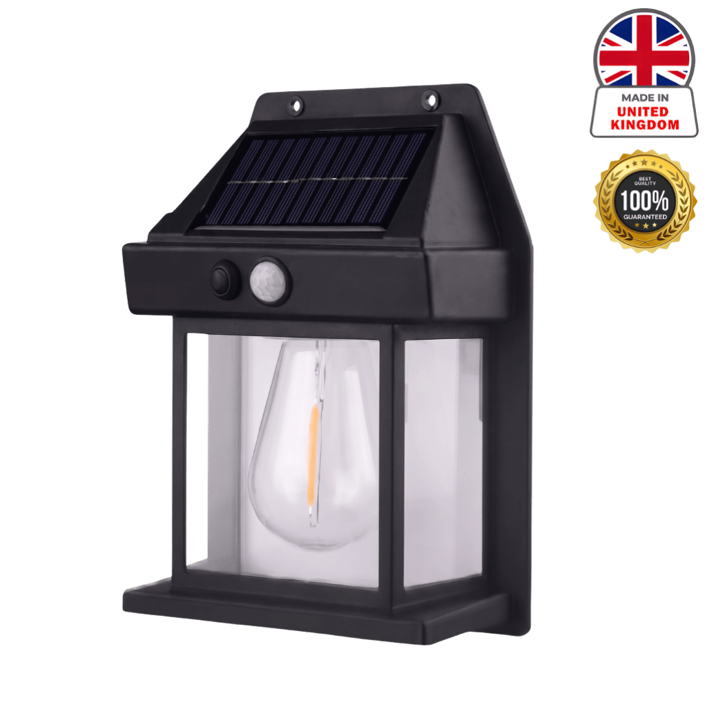 Electric Ultra-Bright Solar Tungsten Wall Light on a wall, featuring a solar panel and a modern design.