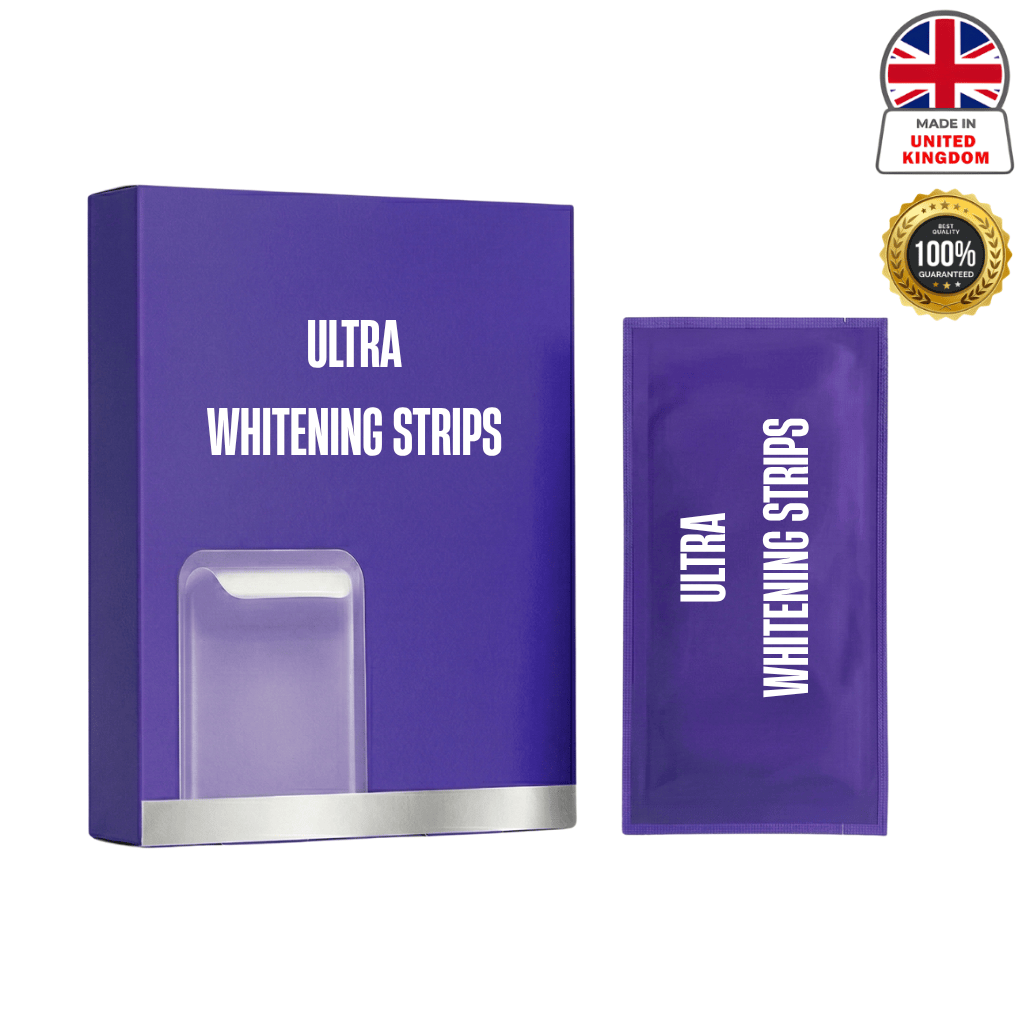 Ultra Whitening Strips packaging and individual strips for a brighter smile.