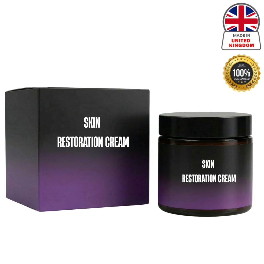 Skin Restoration Cream jar and packaging showcasing luxurious daily skincare formula.