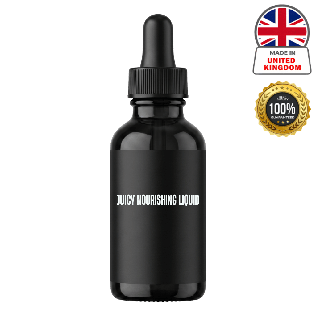Juicy Nourishing Liquid in a black dropper bottle with guarantee badge and UK flag.