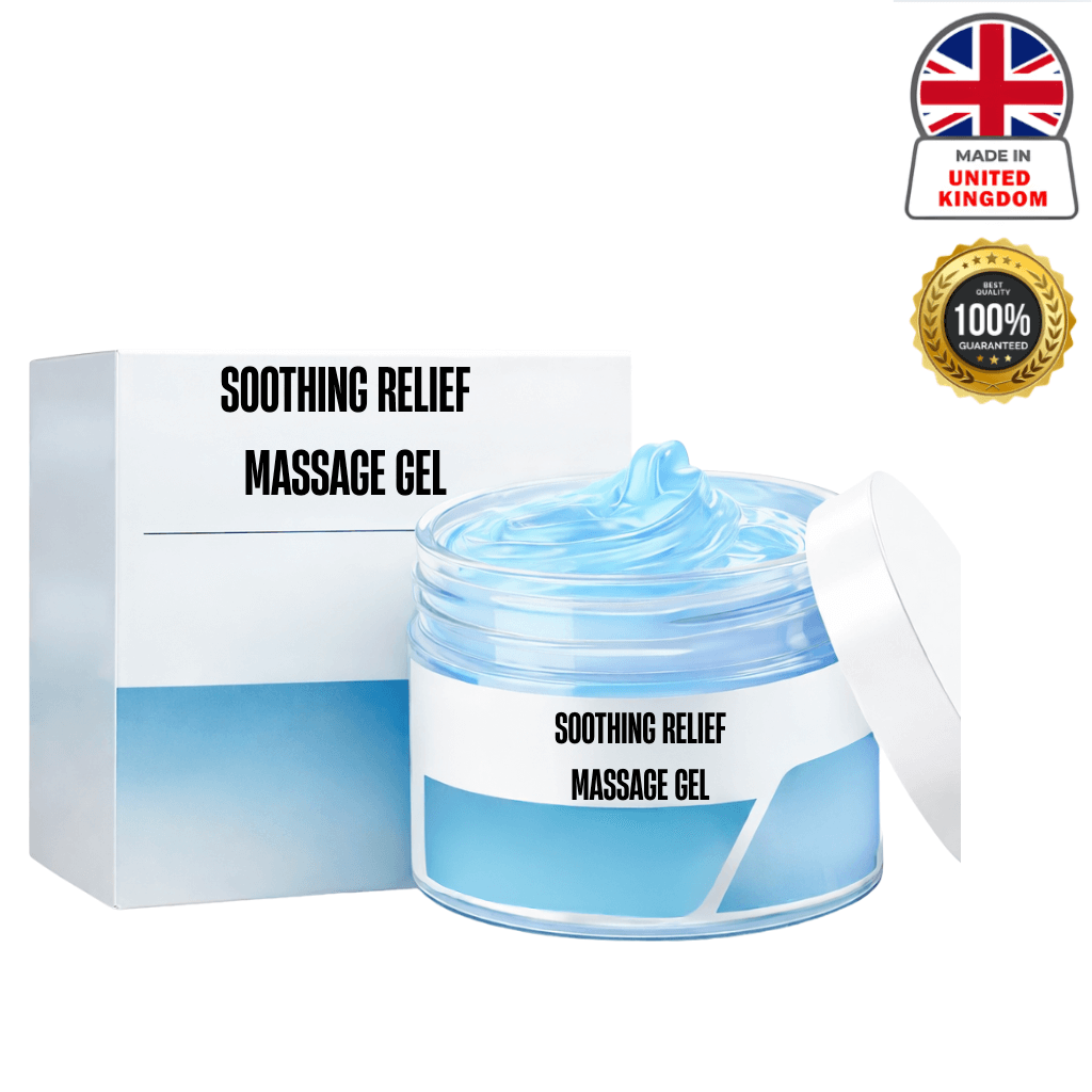 Soothing Relief Massage Gel in a jar next to its box, promoting smooth, polished skin appearance.