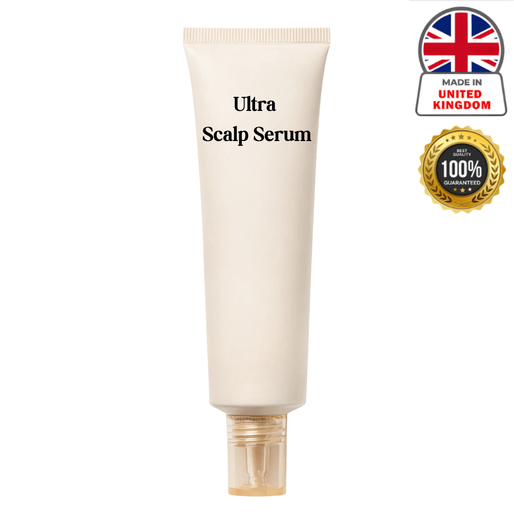 Ultra Scalp Serum tube for glossy and polished hair, made in the United Kingdom, 100% satisfaction guaranteed.