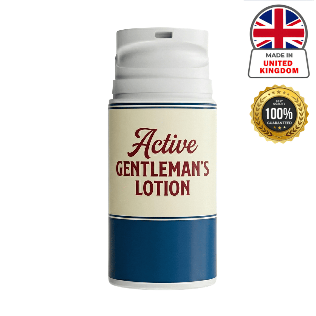 Active Gentleman's Lotion bottle with UK flag and guarantee seal, perfect for everyday skin care.