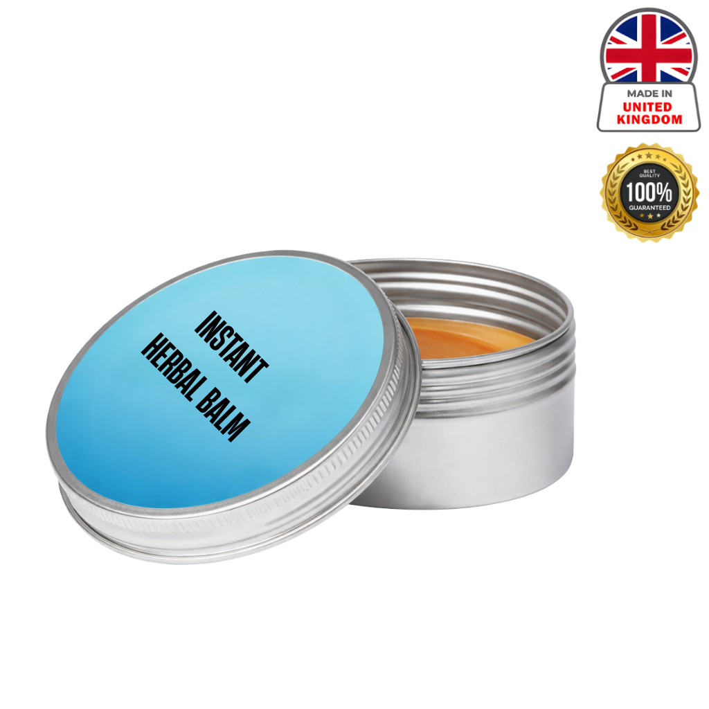 Instant Herbal Balm in a metal tin with a blue lid, showcasing its soothing and refreshing skin care benefits.