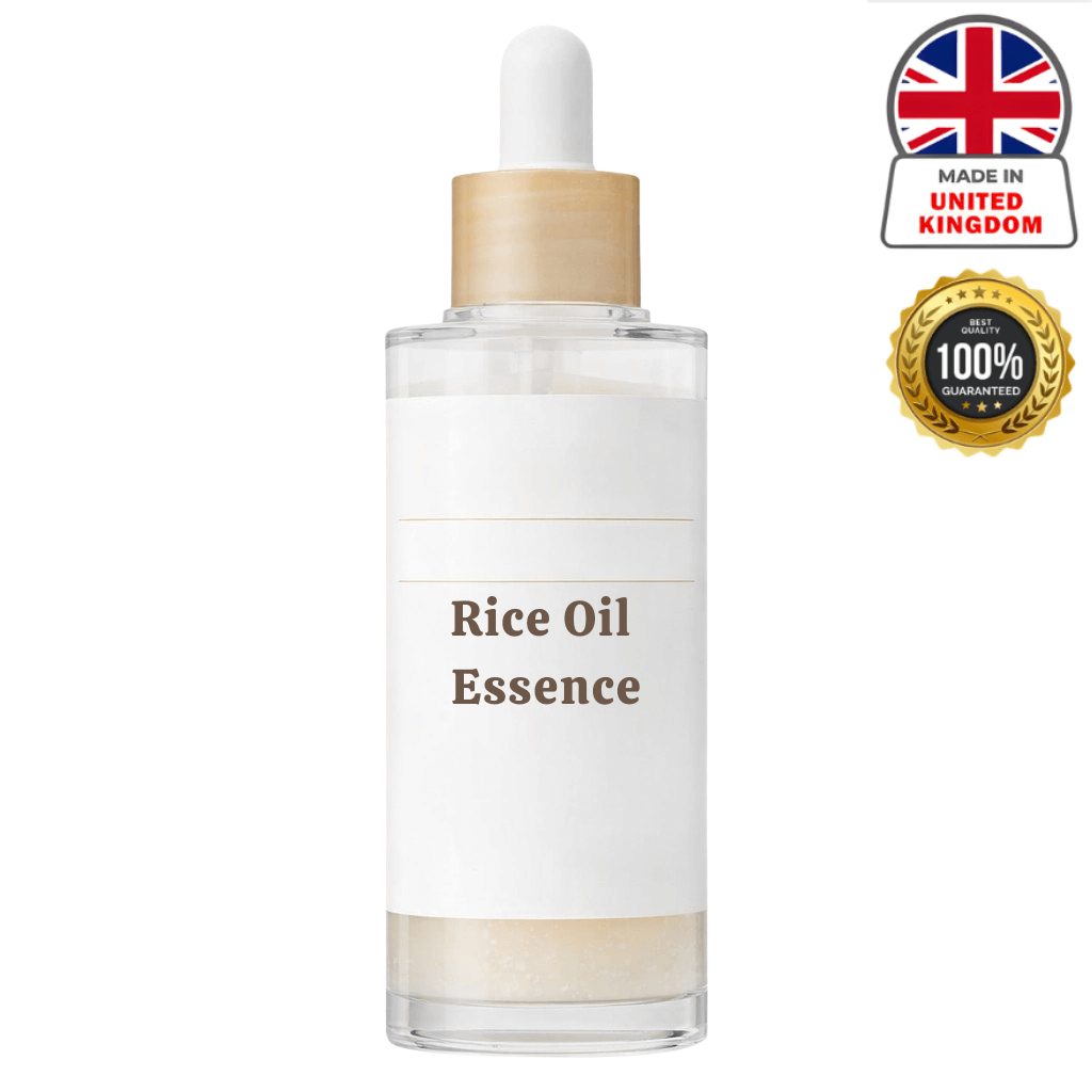 Bottle of Rice Oil Essence, lightweight skincare for clean and smooth skin, made in the United Kingdom.