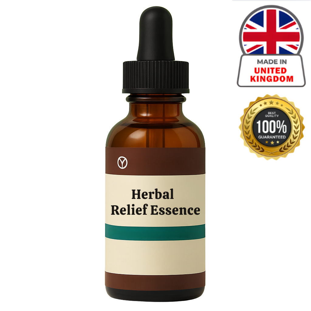 Herbal Relief Essence bottle with dropper, made in the United Kingdom, showcasing quality and effectiveness.