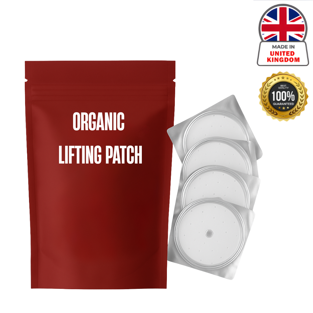 Organic Lifting Patch packaging with lifting patches, designed for smoother skin and a refreshed appearance.