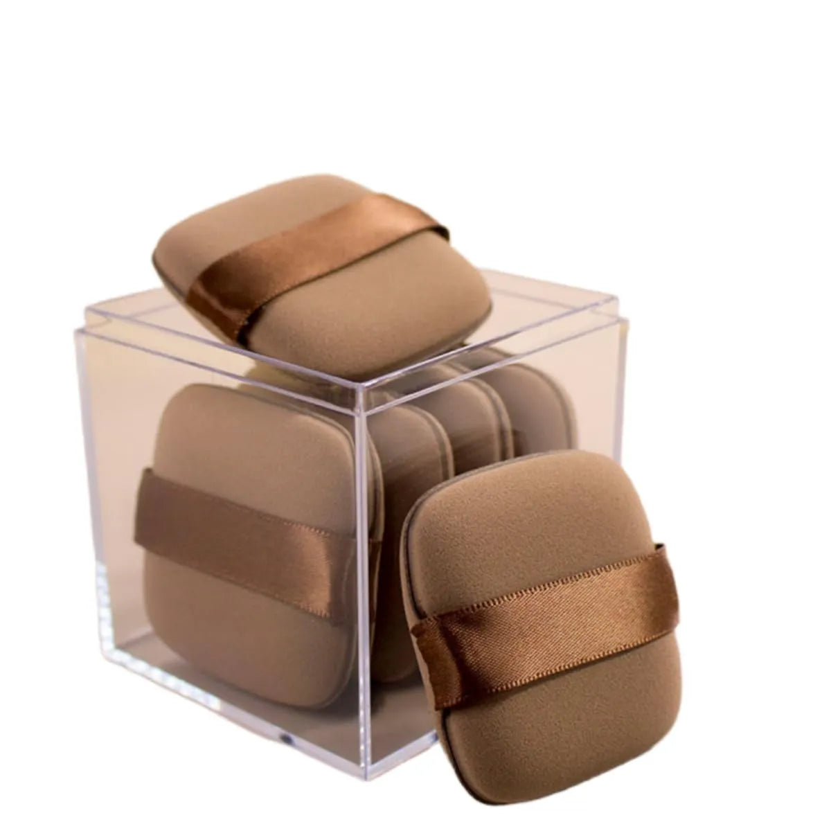 5 Piece Square Air Cushion Makeup Puff Set in a clear container showcasing soft, reusable makeup puffs.