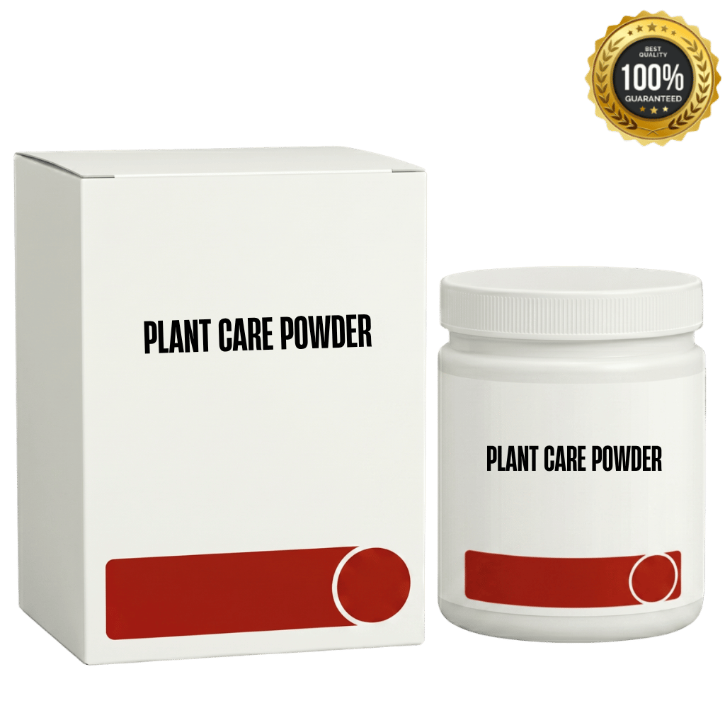 Plant Care Powder packaging and container showcasing the product for maintaining neat outdoor spaces.