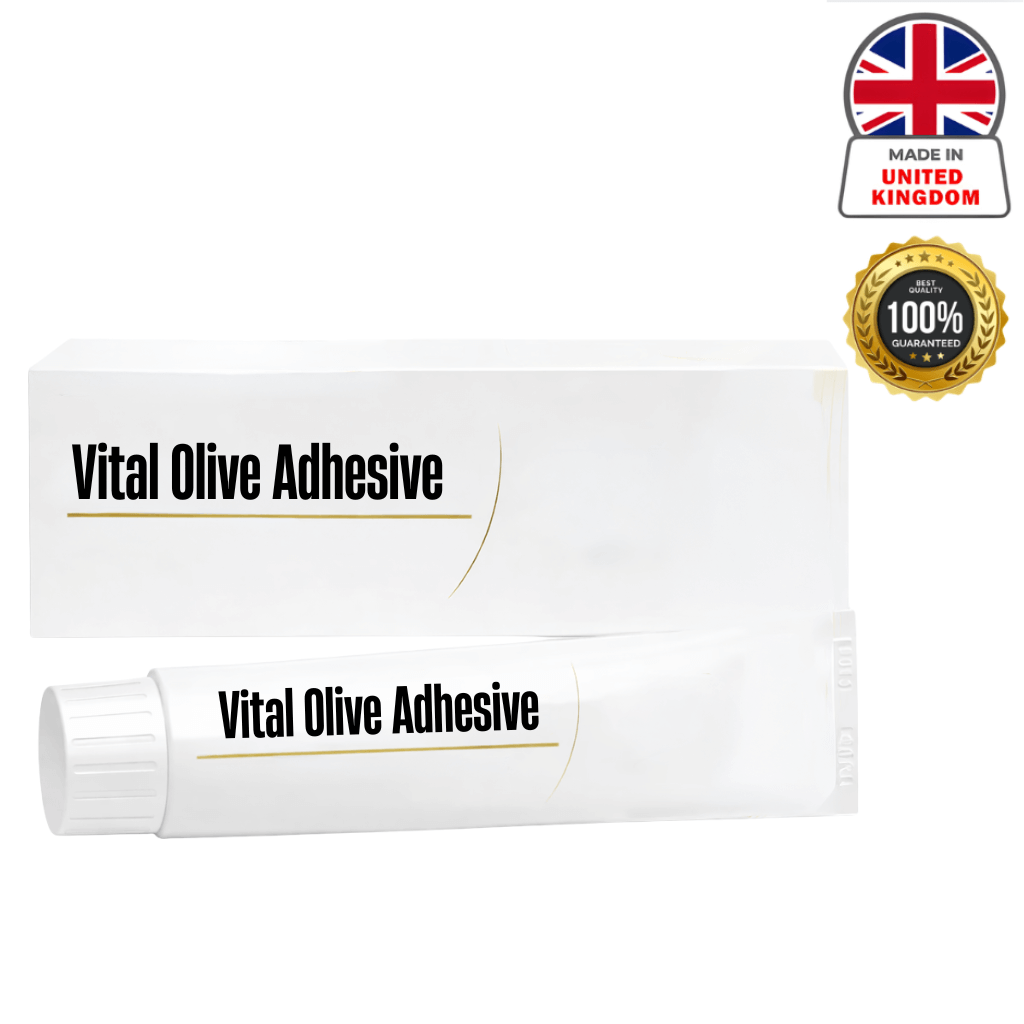 Vital Olive Adhesive product tube and box with guarantee seal, designed for daily skin care refinement.