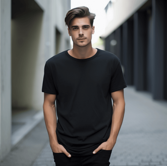 Young man wearing a black t-shirt in a modern urban setting.