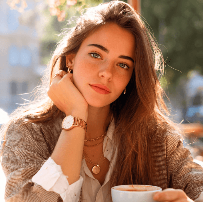 Woman enjoying a coffee, showcasing smooth skin and a polished look with Smooth Skin Beads.