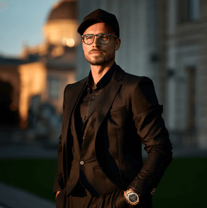 Stylish man in black suit and cap, showcasing a modern and sophisticated look in an outdoor setting.