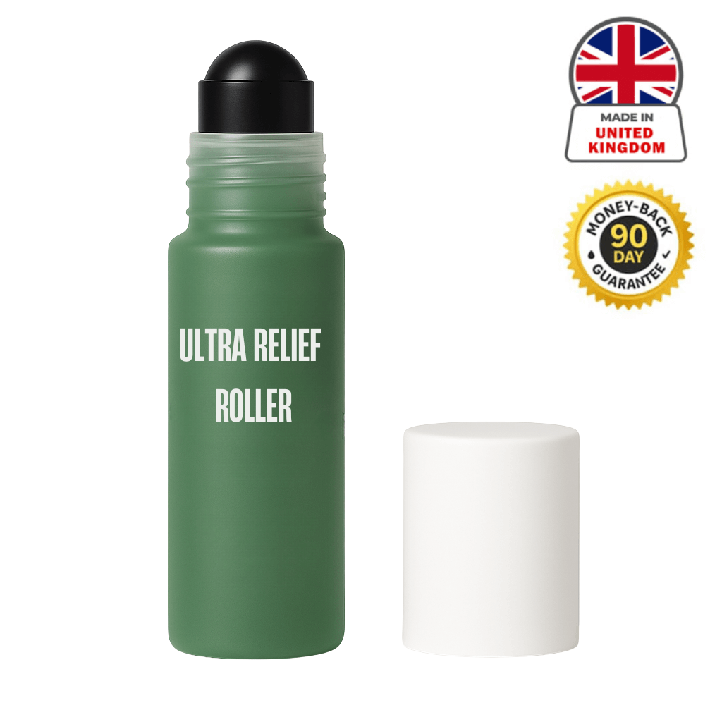Ultra Relief Roller skincare product in green bottle with white cap and guarantee seal.