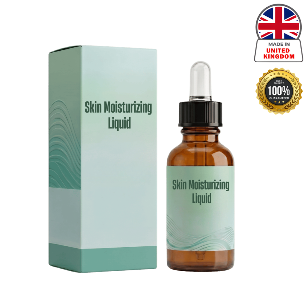 Skin Moisturizing Liquid bottle and box showcasing British-made skincare product with 100% guarantee.