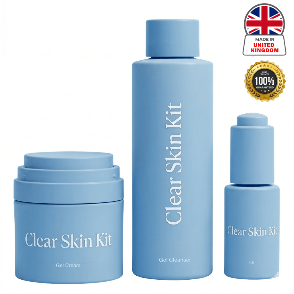 Clear Skin Kit products including Gel Cream, Gel Cleanser, and Oil in blue packaging for a fresh complexion.