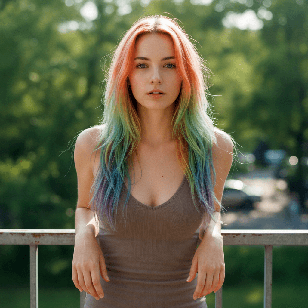 A young woman with rainbow-colored hair standing outdoors, showcasing a vibrant and trendy hairstyle.