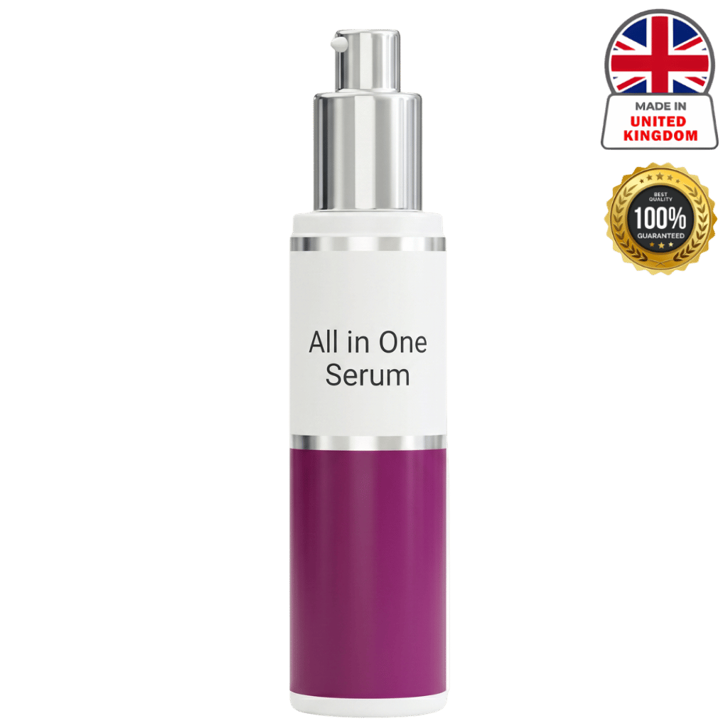 All in One Serum bottle for smoother, fresher skin texture, made in the United Kingdom.