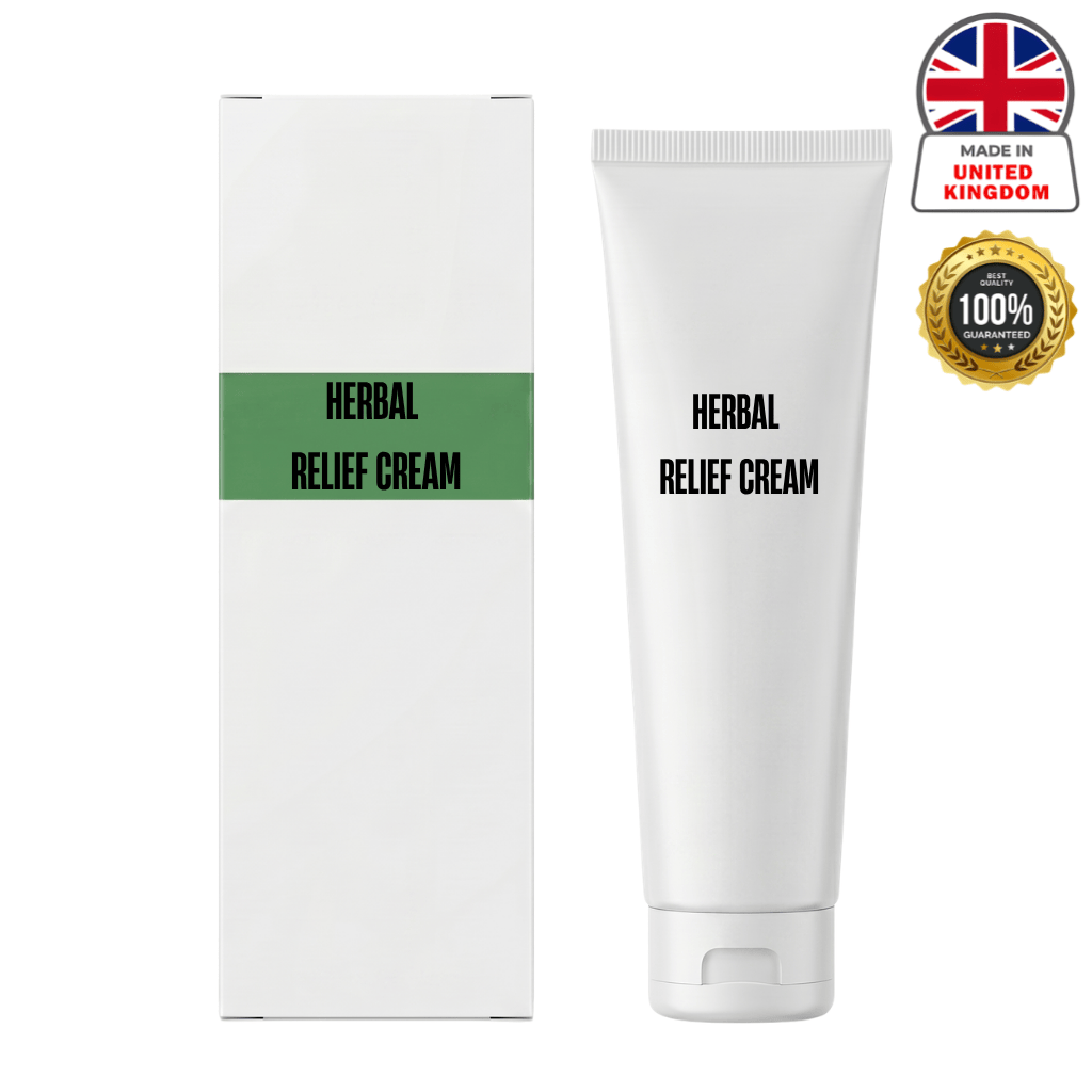 Elite Herbal Relief Cream packaging and tube, highlighting soothing herbal ingredients and British craftsmanship.