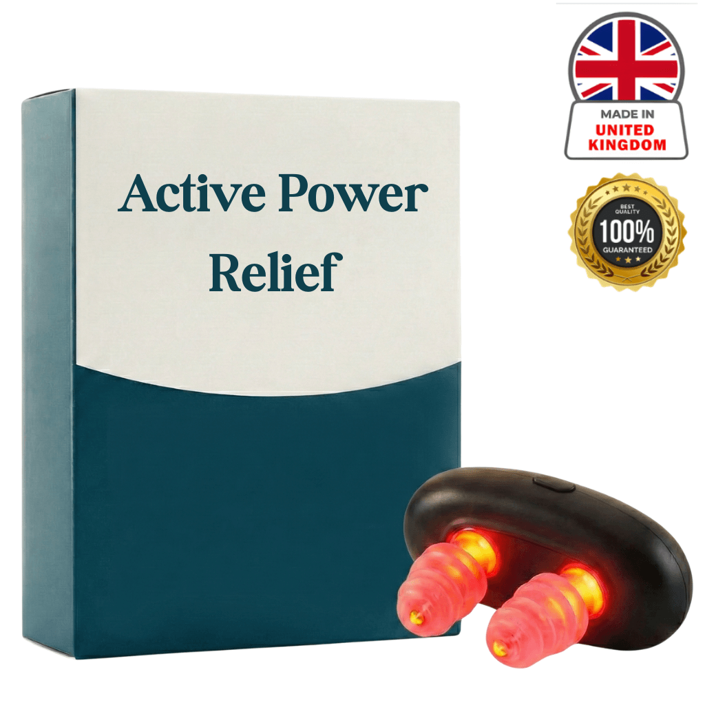 Active Power Relief product packaging with earplugs, made in the UK, 100% guaranteed effectiveness.