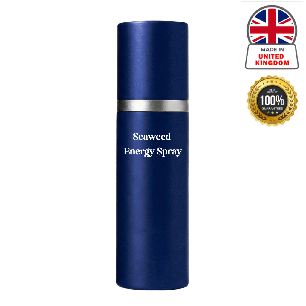 Seaweed Energy Spray beauty mist in navy bottle with guarantee badge, made in the United Kingdom.