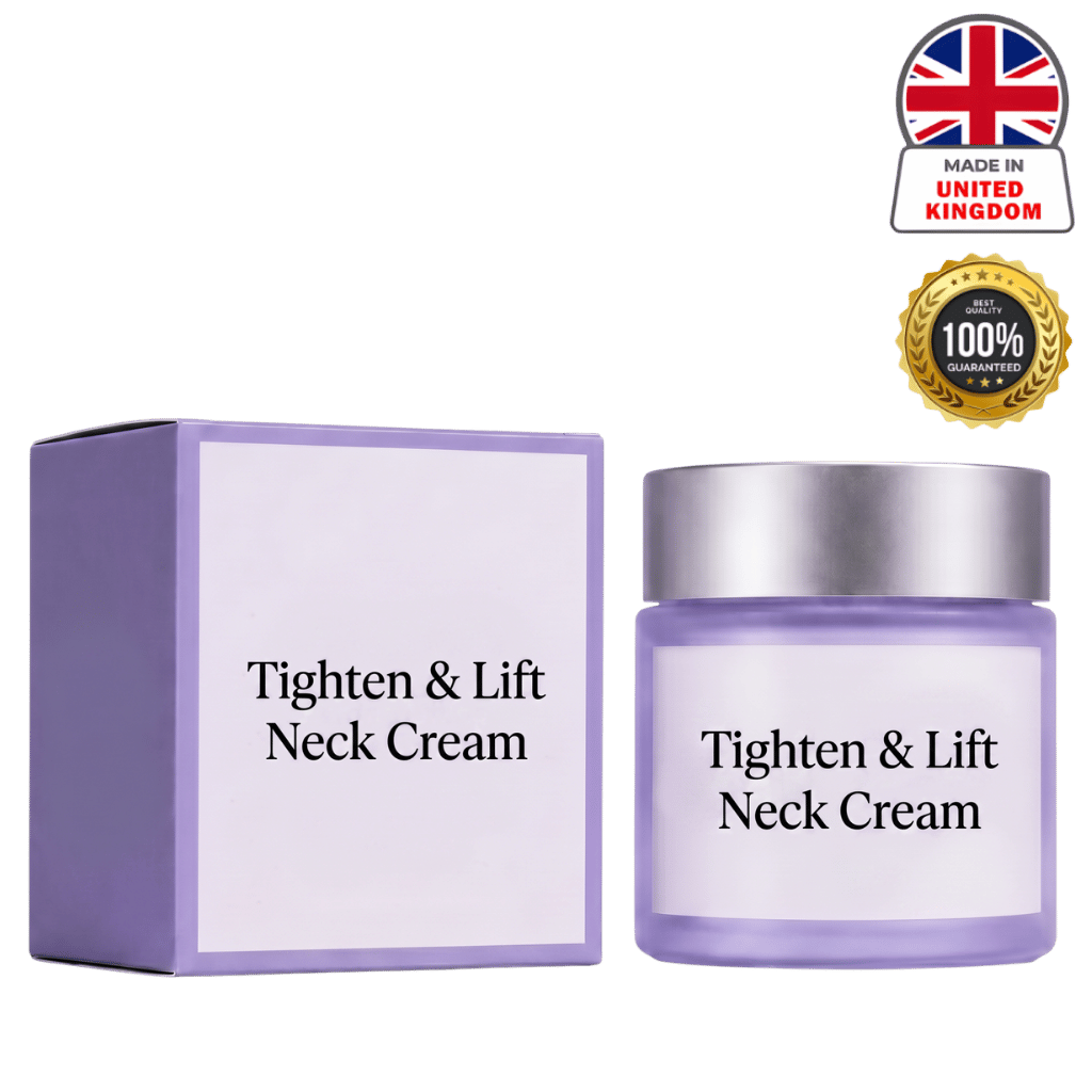 Premium Tighten & Lift Neck Cream in a purple jar and box, designed for a lifted and smooth neck area.