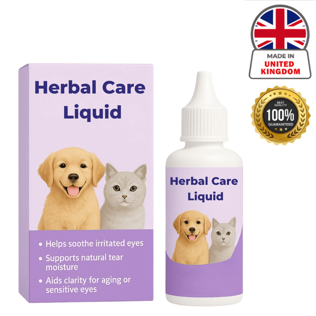 Herbal Care Liquid bottle and packaging for pet eye care with puppy and kitten illustrations.