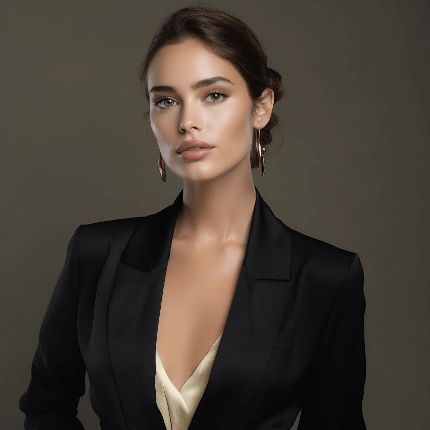 Premium Skin Repair Gel model showcasing radiant and smooth skin in a stylish black blazer.