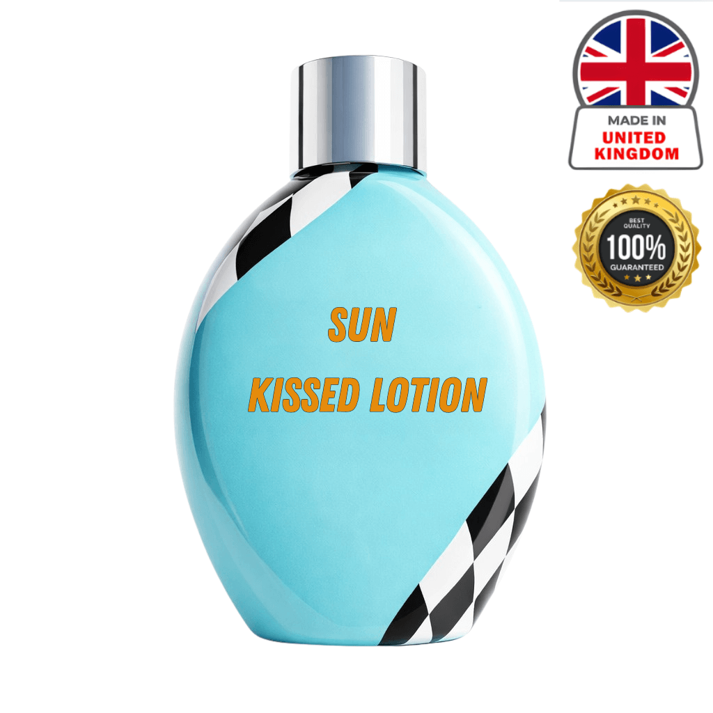 Sun Kissed Lotion bottle with blue design and black stripes, promoting smooth and polished skin appearance.