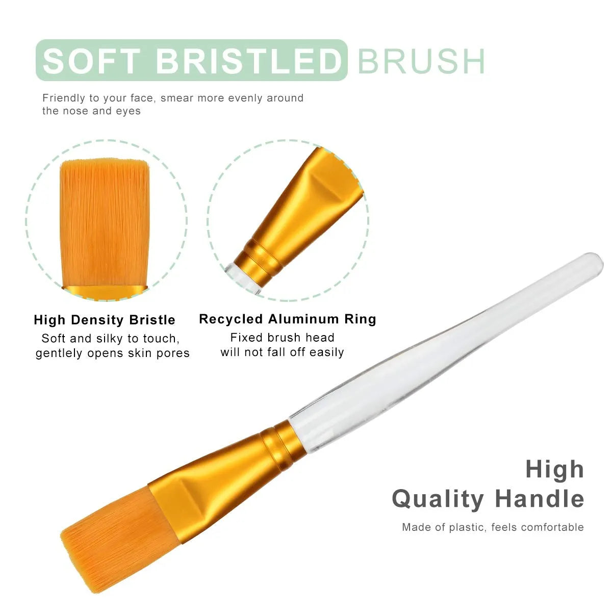 5 Piece Facial Mask Mixing Bowl Set includes a soft bristled brush with a high quality handle for easy application.