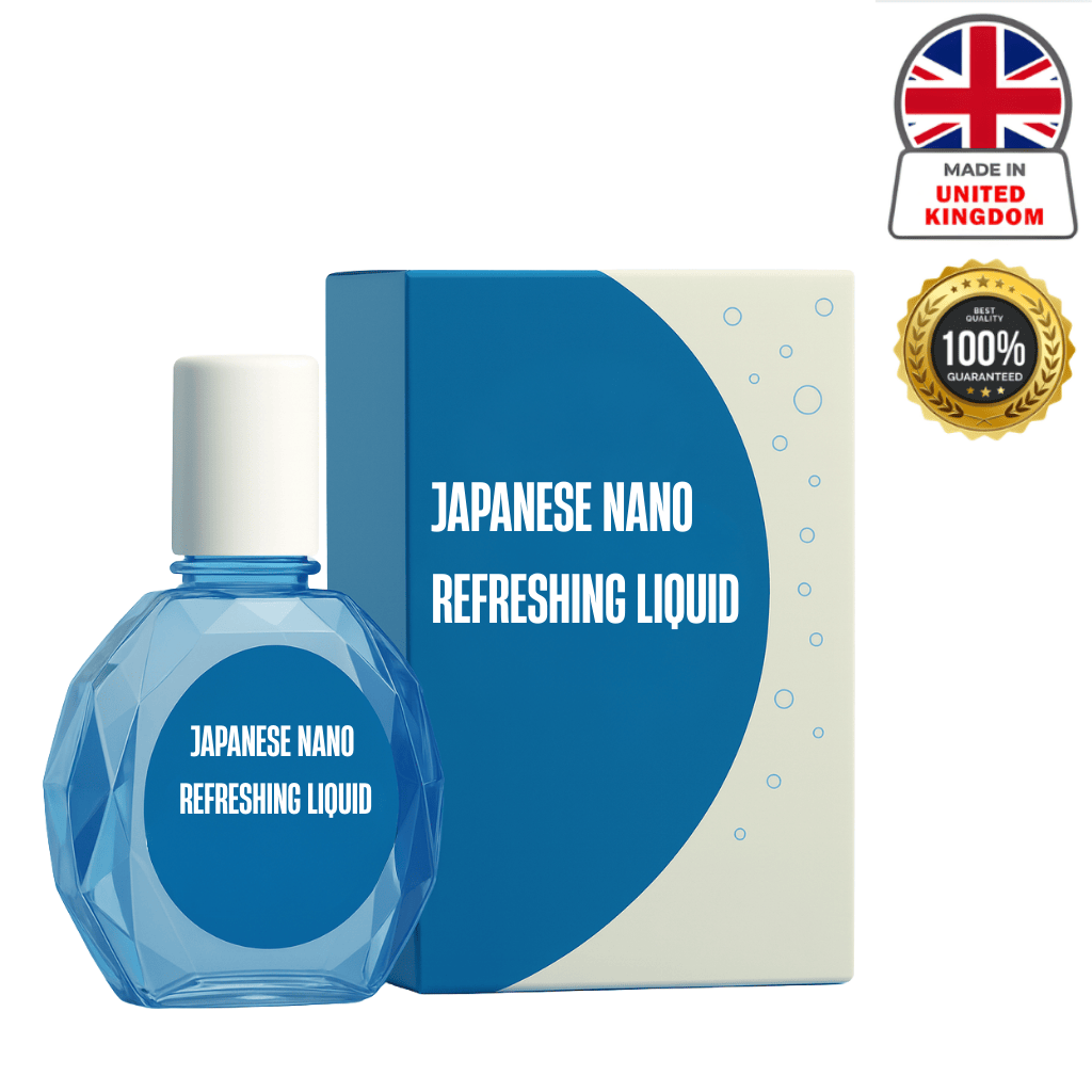 Japanese Nano Refreshing Liquid in a blue bottle and box, showcasing a lightweight beauty solution for radiant skin.