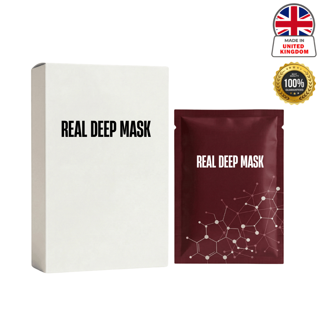 Real Deep Mask product packaging and sheet mask designed for skin revitalization and hydration.