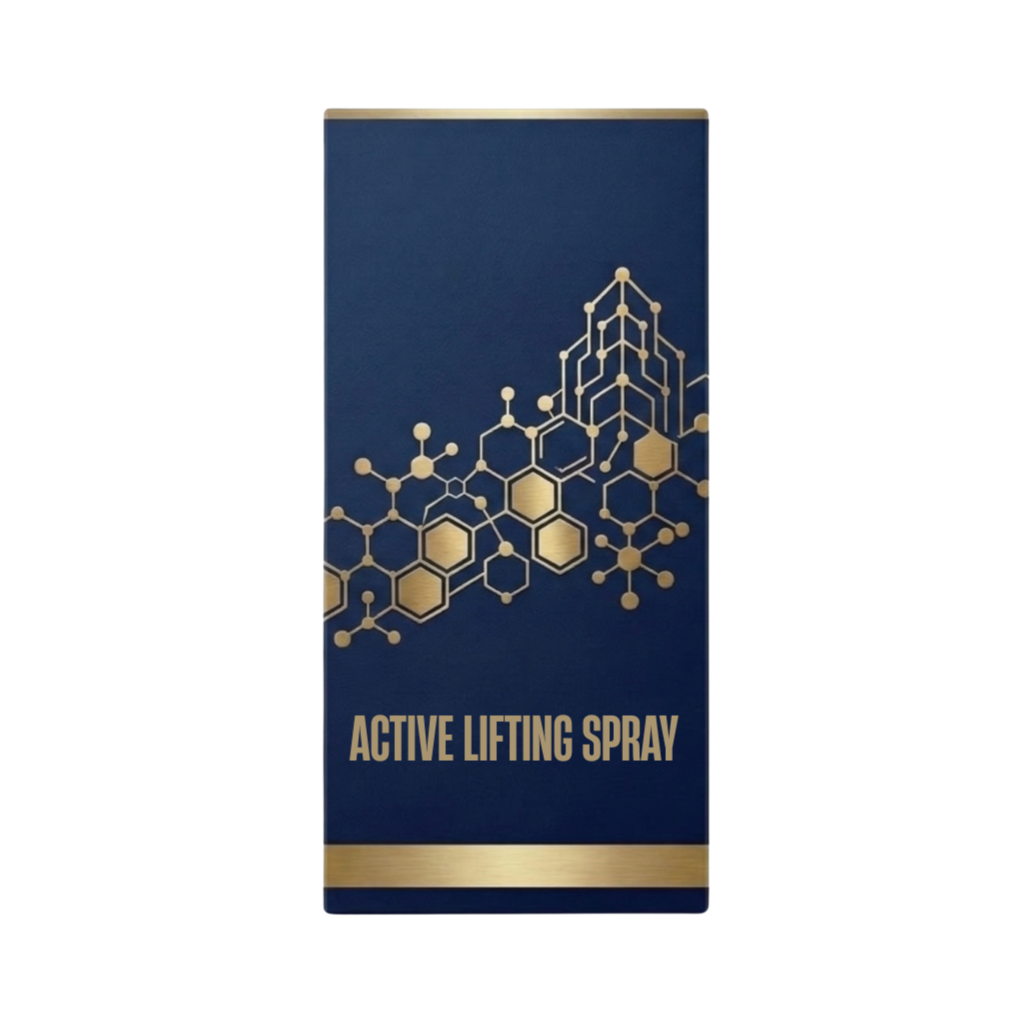 Packaging of Active Lifting Spray featuring a sleek design and gold accents for a luxurious beauty experience.