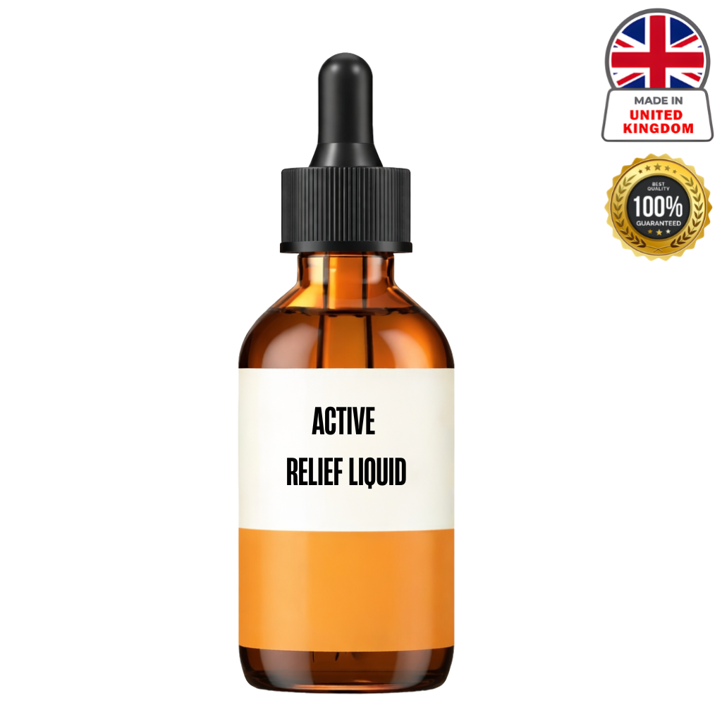 Active Relief Liquid in a brown glass dropper bottle with a black lid and label.