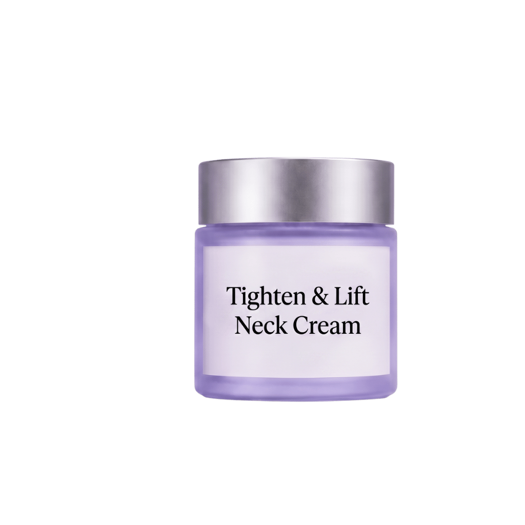 Premium Tighten & Lift Neck Cream in a glass jar for lifted and smoother neck skin.