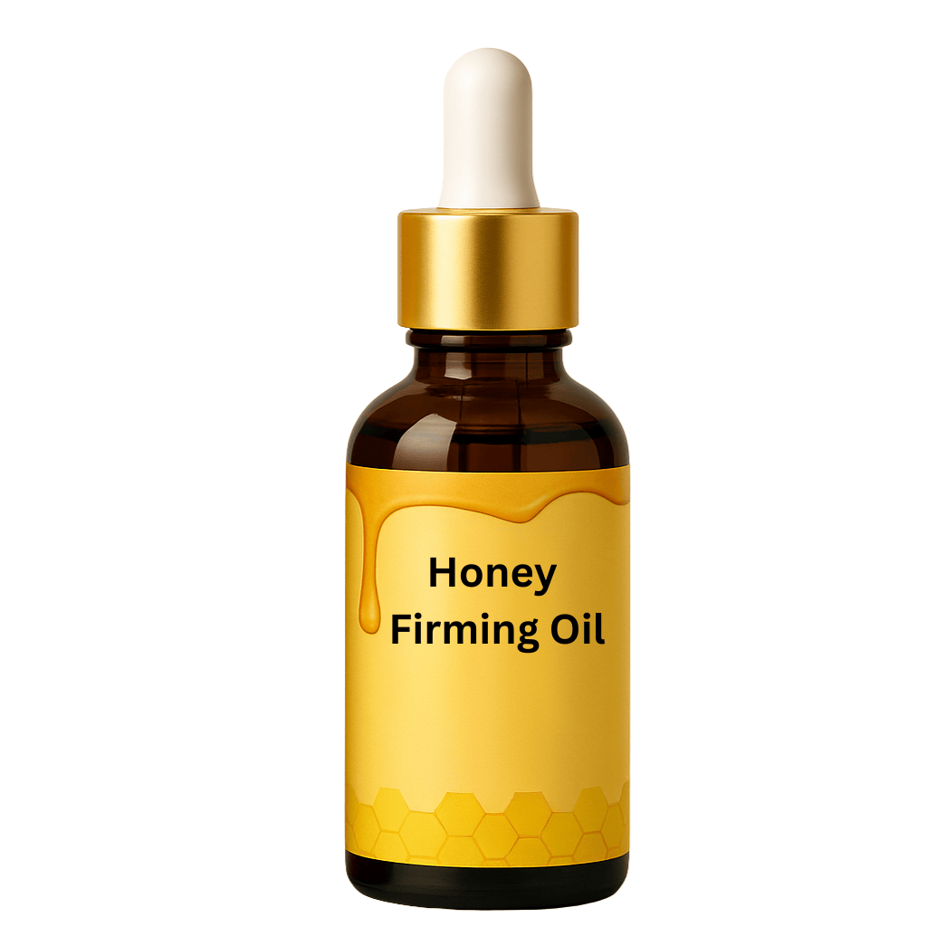 Honey Firming Oil in a brown glass dropper bottle with a yellow label and honeycomb design.