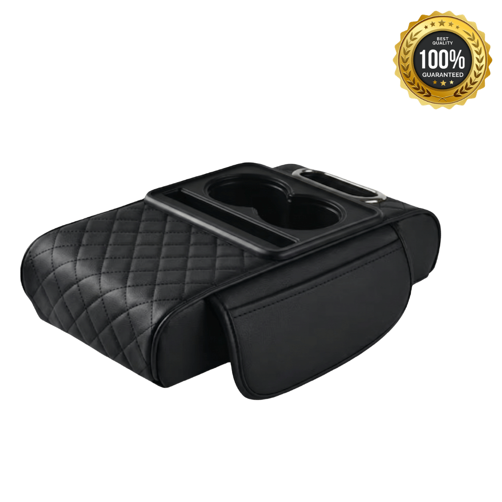 Multifunctional PU Leather Car Armrest Box Mat showcasing sleek design and cup holders.