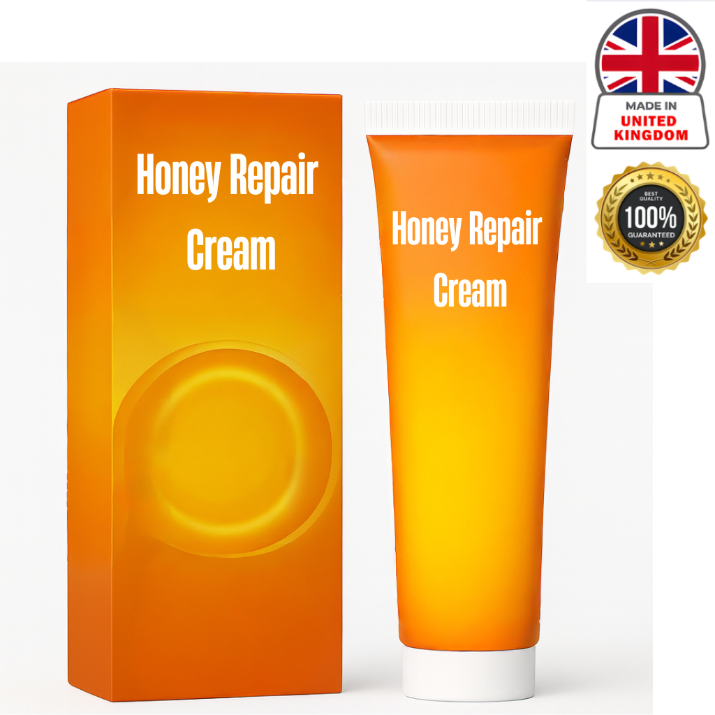 Honey Repair Cream tube and box packaging with a bright orange design, highlighting skincare benefits.
