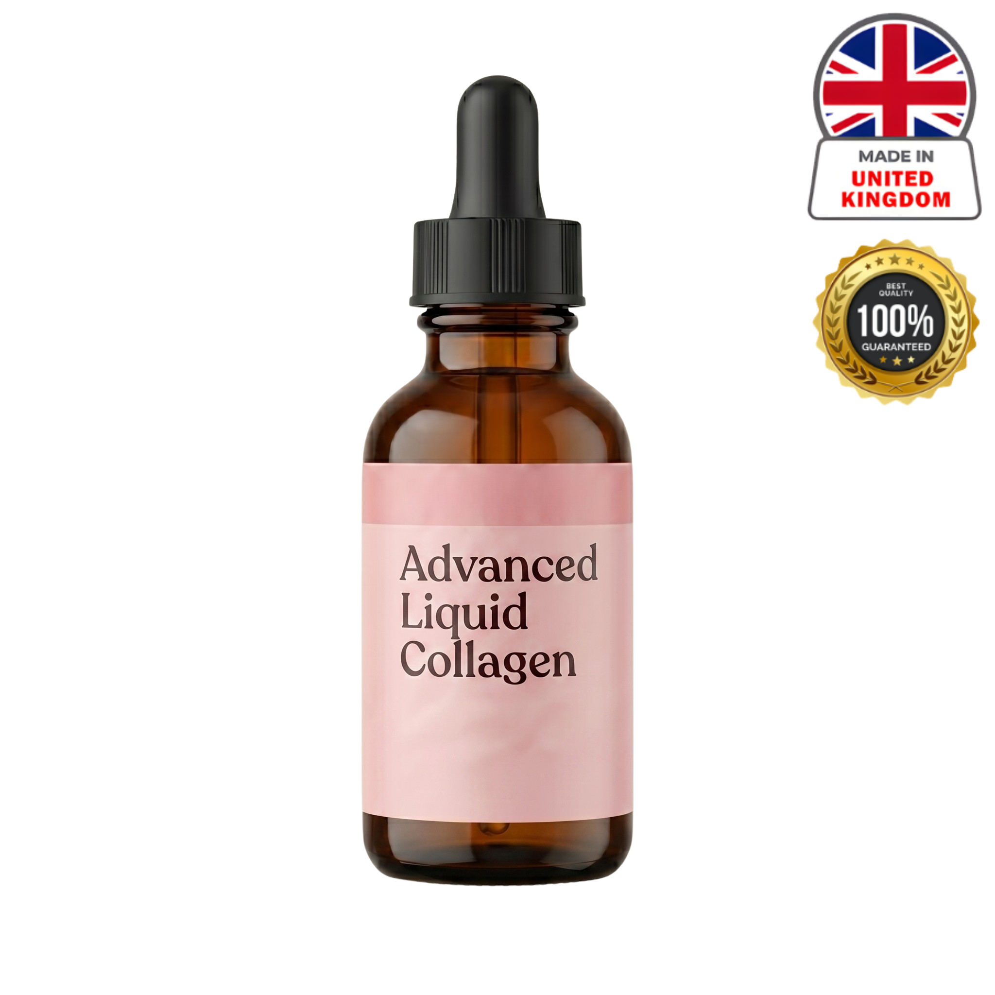 Bottle of Advanced Liquid Collagen for dogs, promoting healthy coat and skin, made in the United Kingdom.