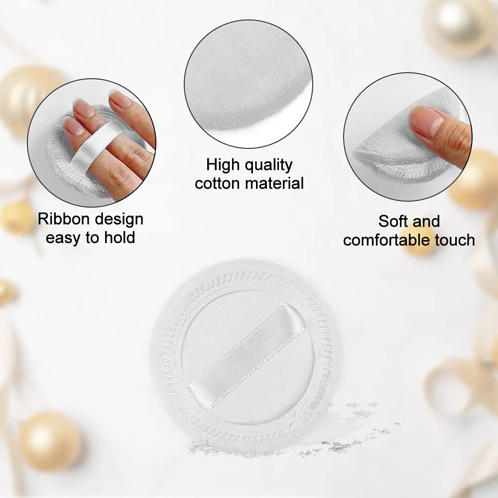 Cotton Makeup Powder Puffs – 10 Pack featuring soft cotton, ribbon design for easy grip, and comfortable touch for makeup application.