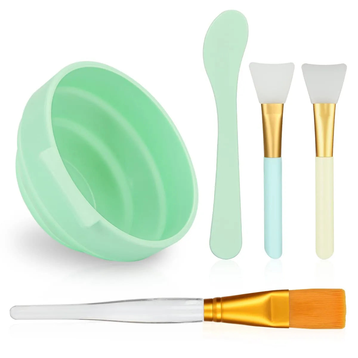 5 Piece Facial Mask Mixing Bowl Set featuring a silicone bowl, spatula, and applicator brushes for easy mask application.