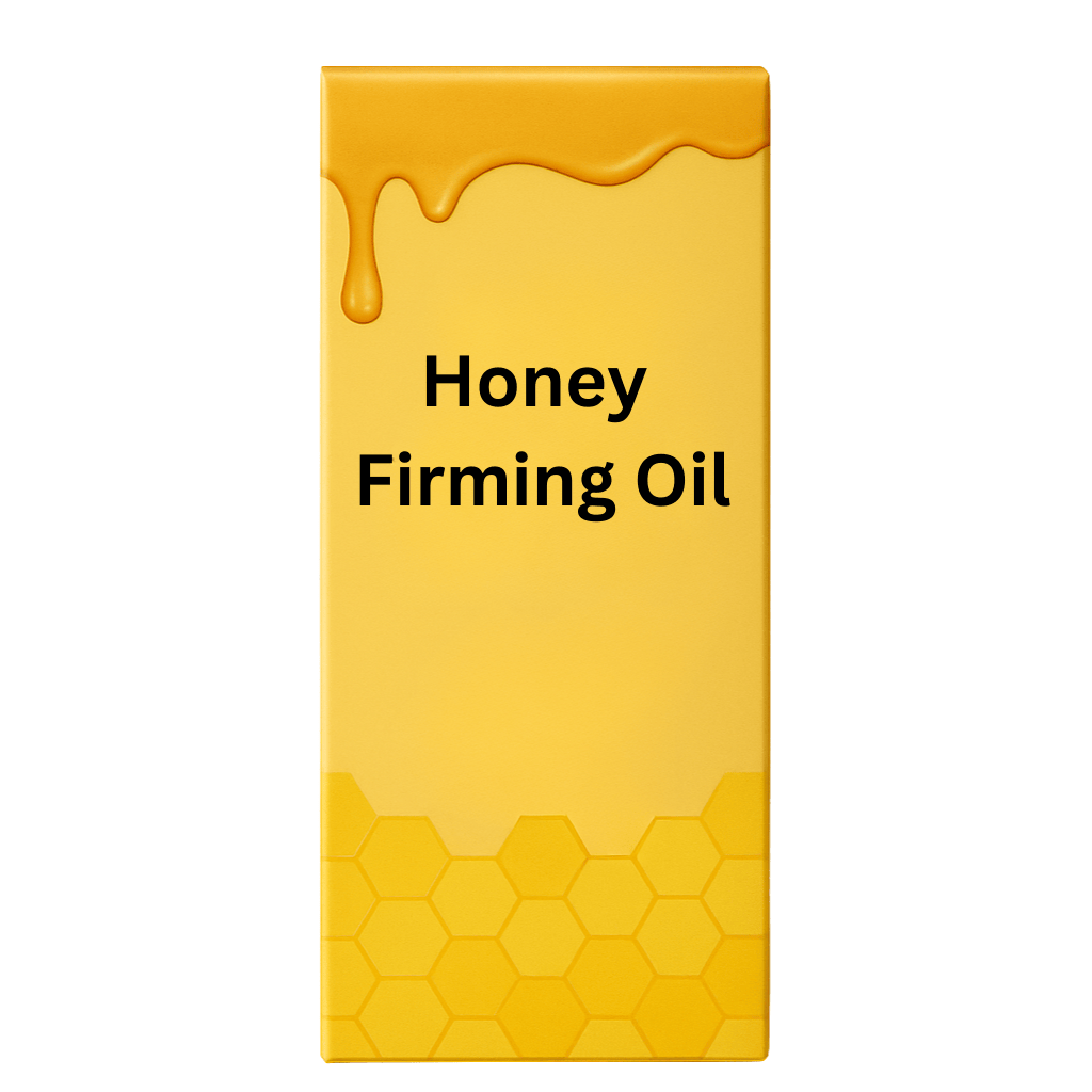 Honey Firming Oil packaging featuring a vibrant yellow design with honey drips and hexagon patterns.